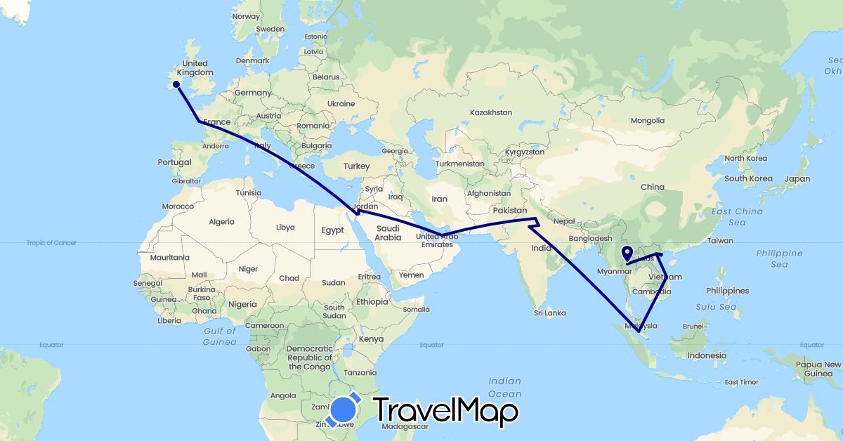 TravelMap itinerary: driving in United Arab Emirates, France, Ireland, India, Jordan, Malaysia, Thailand, Vietnam (Asia, Europe)